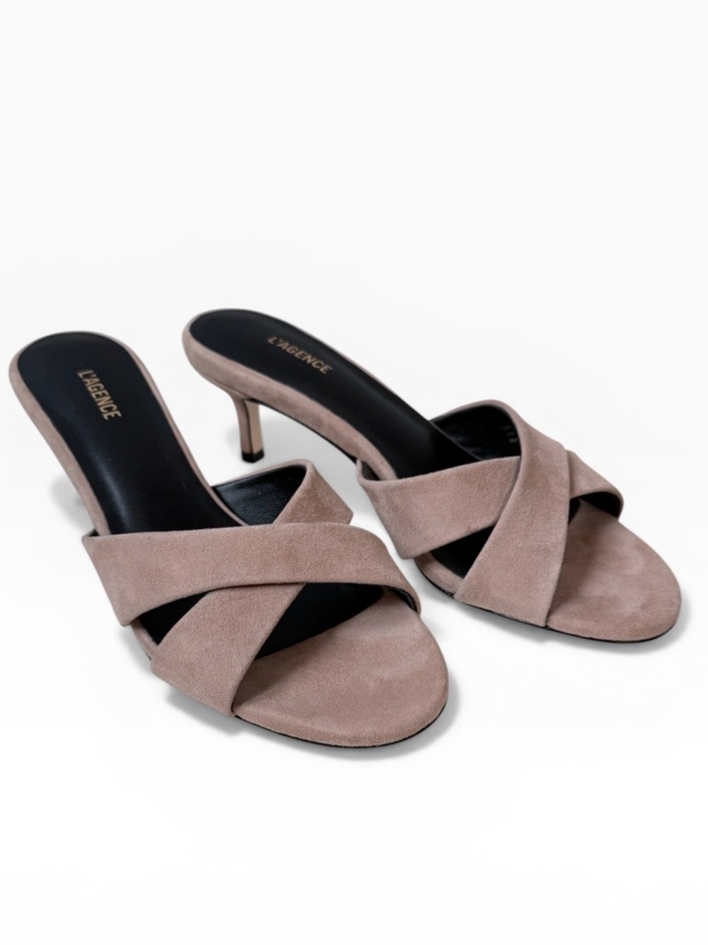 L'AGENCE Aveline Suede Crisscross Kitten Heel Slide Sandal Cappuccino Tan Size 6 - Picture 3 of 12